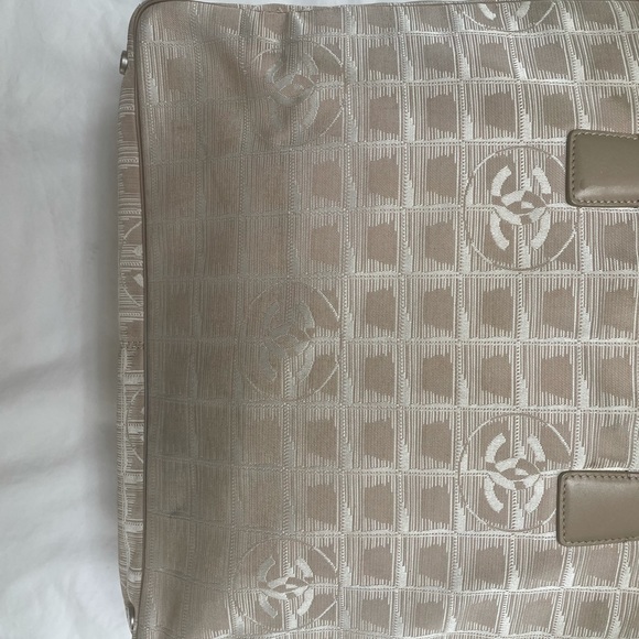 Chanel 💕Travel Tote Fabric Leather Strap Pink Tan Quilted Appearance CC Logo - Picture 12 of 14